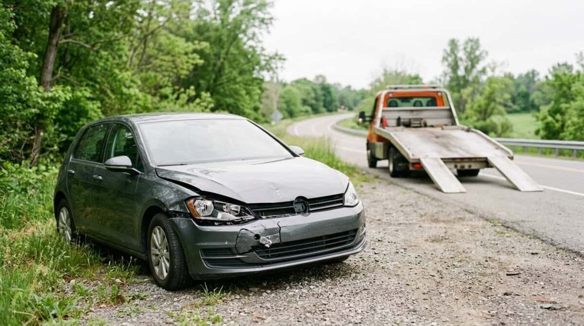 Motor Hills | What Is GAP Insurance, and When Is It Actually Worth It? Gray sedan with front-end damage parked on a gravel roadside as a tow truck approaches on a winding rural road