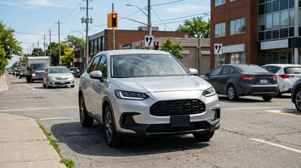 Car idling at a stoplight on a warm day with airflow-focused AC problem context