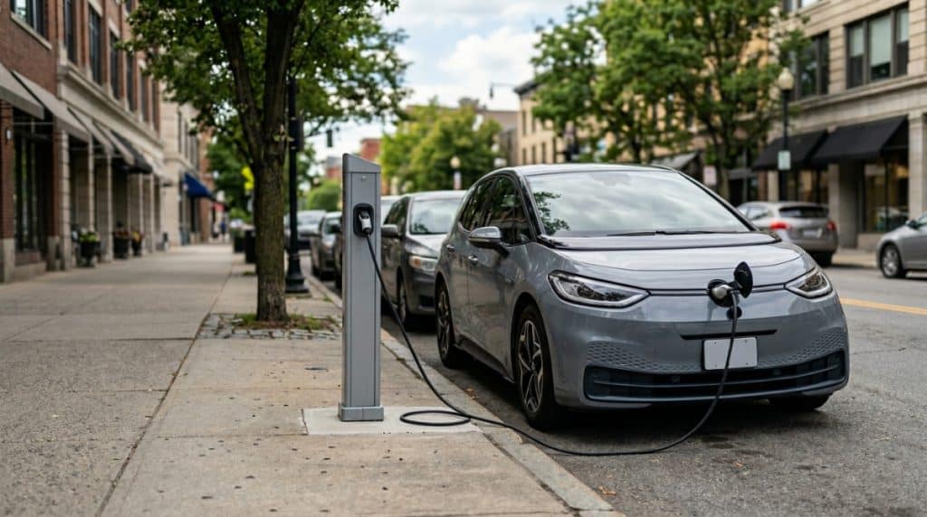 Motor Hills | Can You Own an EV Without Home Charging? A 2026 Reality Check Curbside EV charger on a city street with an EV parked and charging