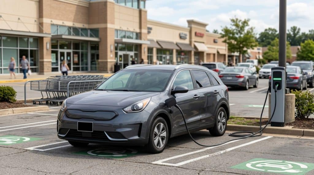 Motor Hills | Can You Own an EV Without Home Charging? A 2026 Reality Check Electric car charging at a grocery or shopping center while parked for an errand