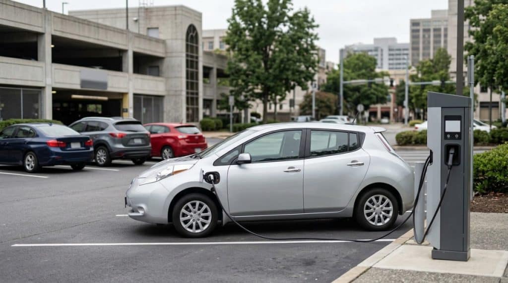 Motor Hills | Can You Own an EV Without Home Charging? A 2026 Reality Check Electric car using a public charger in a city parking area during daylight