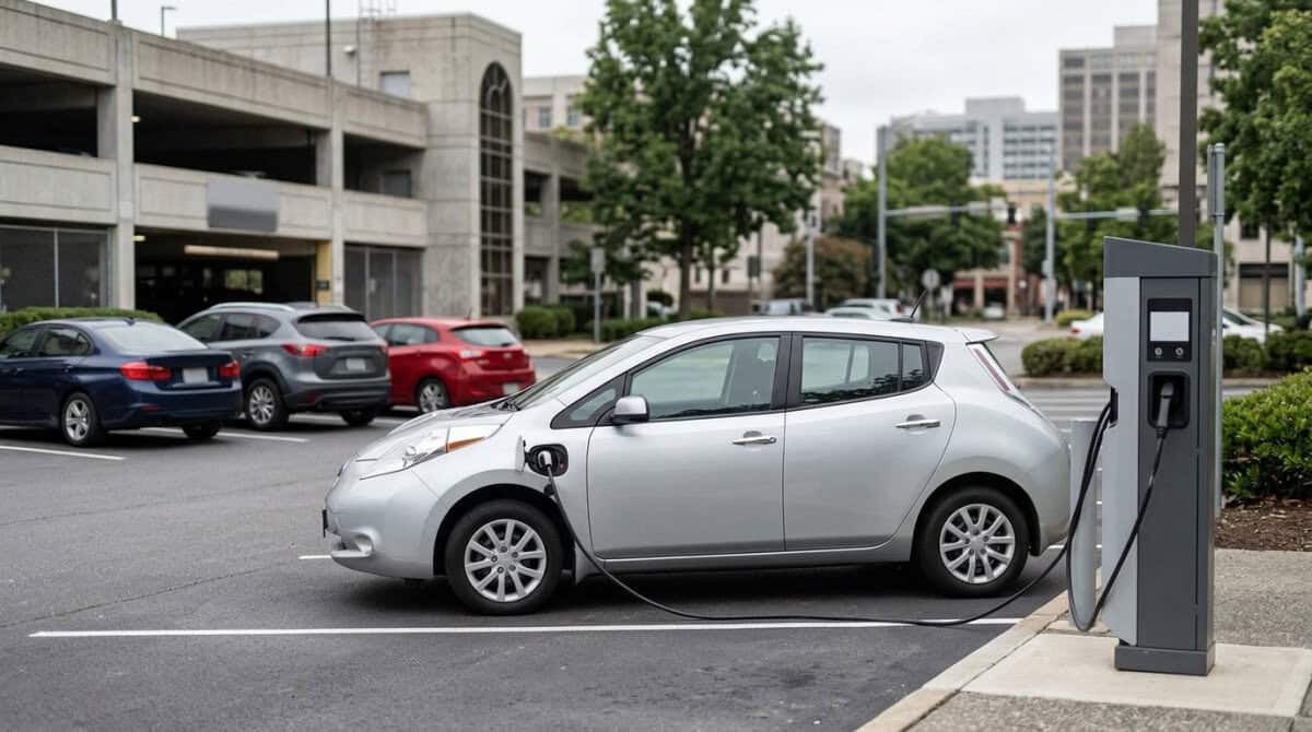 Silver electric hatchback charging at a curbside station in a parking lot with other cars and buildings in the background.