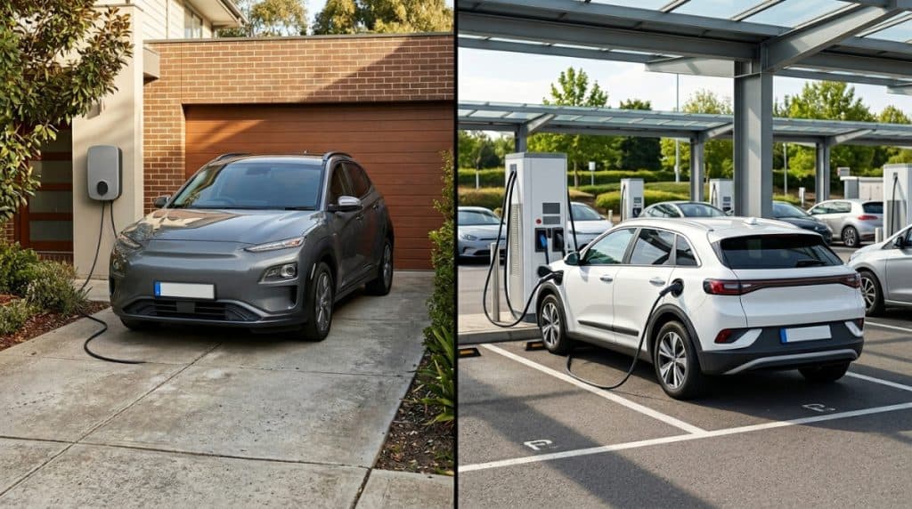 Motor Hills | Can You Own an EV Without Home Charging? A 2026 Reality Check Home charging setup compared with public fast charging in a side-by-side view