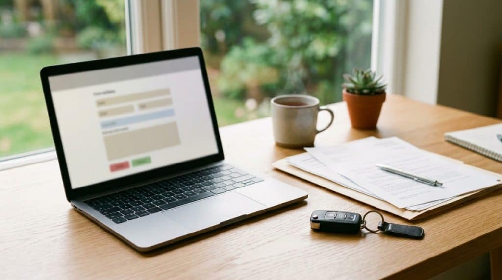 Motor Hills | What Is GAP Insurance, and When Is It Actually Worth It? GAP Insurance - Laptop and paperwork set up to request a GAP cancellation and refund after refinancing or selling
