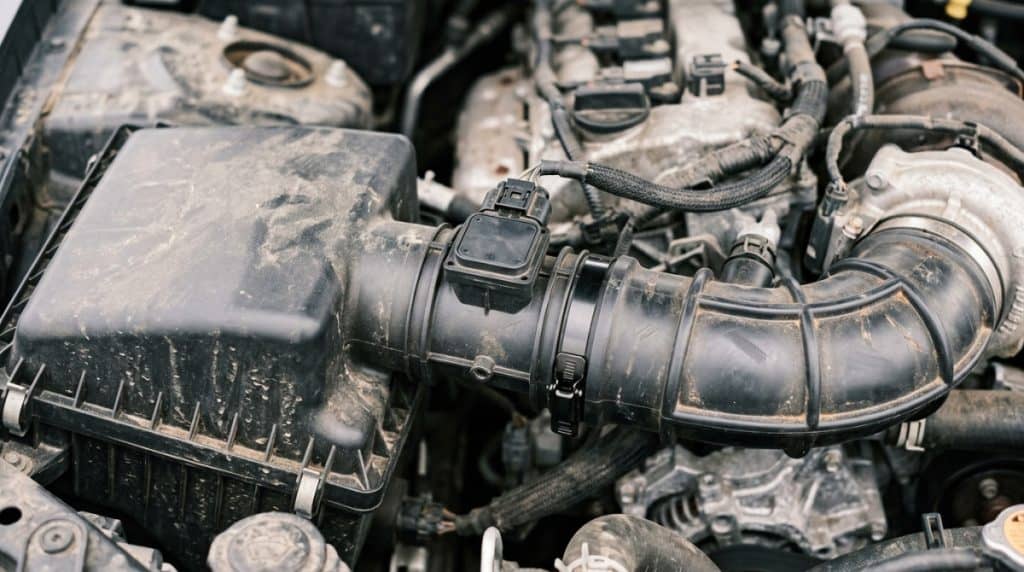 Reduced Engine Power - Mass airflow sensor and intake hose showing common airflow fault points