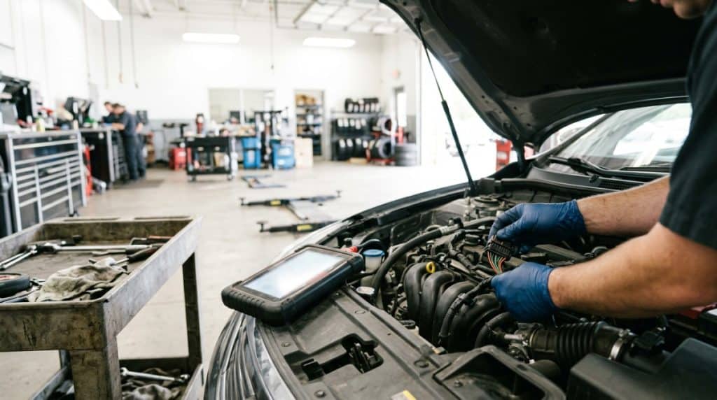 Mechanic performing diagnostic testing on a vehicle instead of guessing parts