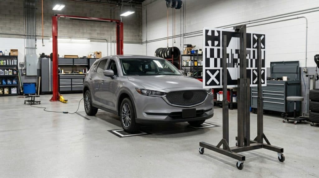 Motor Hills | Why Is My Car Insurance So High Even With Clean Record in 2026? Modern vehicle in a repair shop set up for sensor calibration after a repair