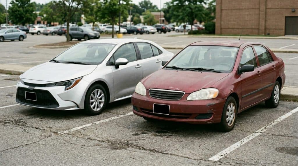 Motor Hills | What Is GAP Insurance, and When Is It Actually Worth It? Newer car parked next to older model to suggest value dropping faster than loan balance early on GAP Insurance
