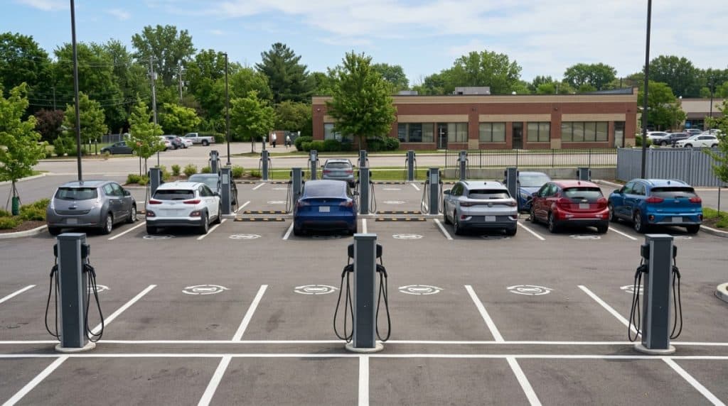 Motor Hills | Can You Own an EV Without Home Charging? A 2026 Reality Check Public charging station with multiple stalls showing availability differences