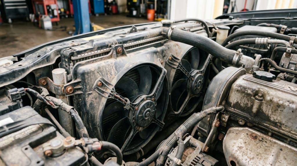 Radiator and condenser fan assembly under the hood showing airflow dependency at idle