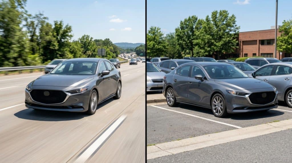Split view showing highway airflow versus idling airflow across the front of a car