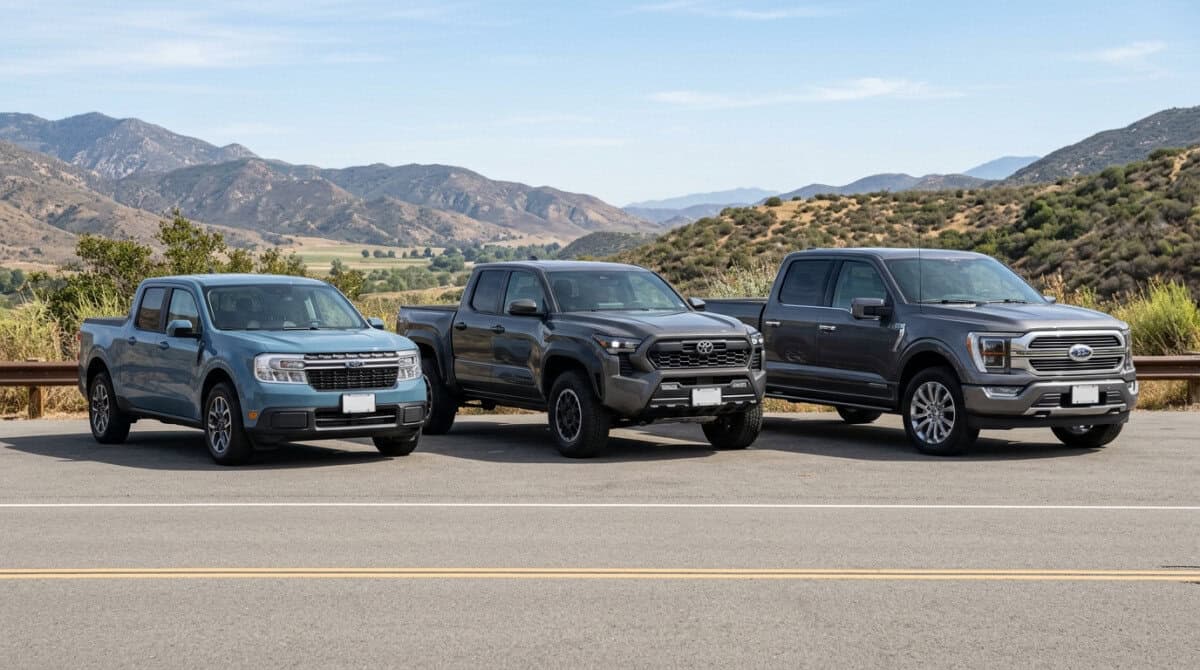 Three pickup trucks parked on a rural road with mountains in the distance; left blue, center gray, right dark gray.