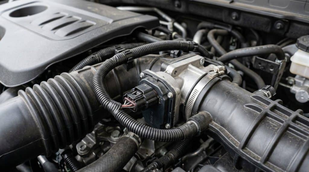 Reduced Engine Power - Electronic throttle body connector and wiring harness under the hood of a modern car showing the drive-by-wire throttle system