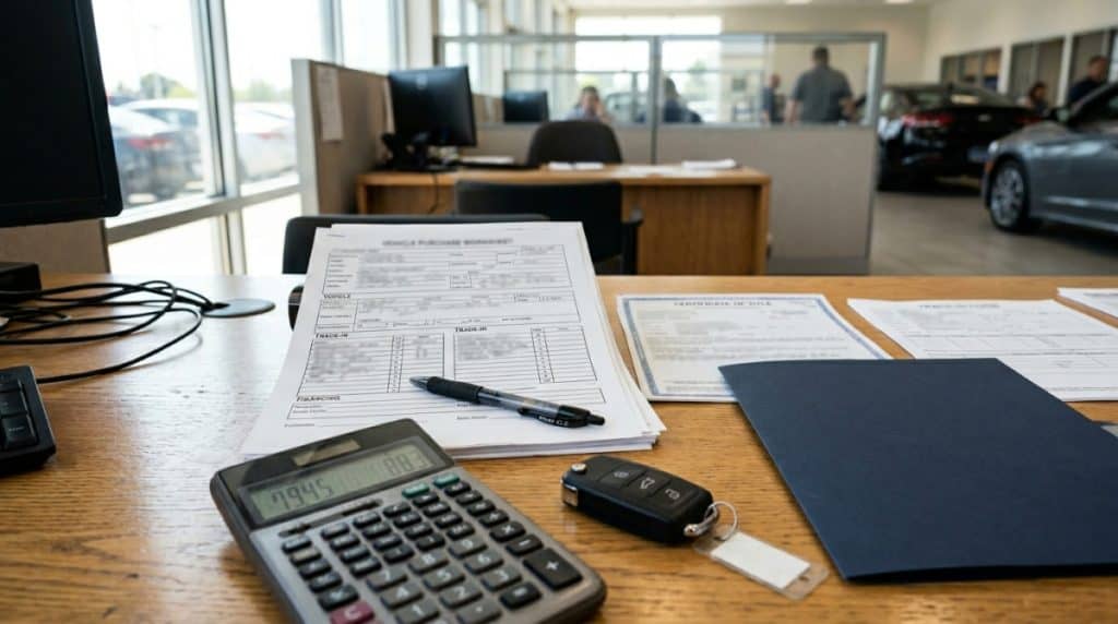 Motor Hills | What Is GAP Insurance, and When Is It Actually Worth It? Trade-in and loan paperwork on a dealership desk to represent rolled-in negative equity for GAP Insurance