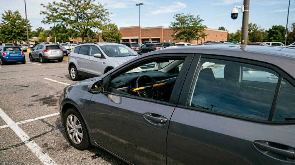 Motor Hills | Why Is My Car Insurance So High Even With Clean Record in 2026? Vehicle parked in a public lot with a visible steering wheel lock to suggest theft risk