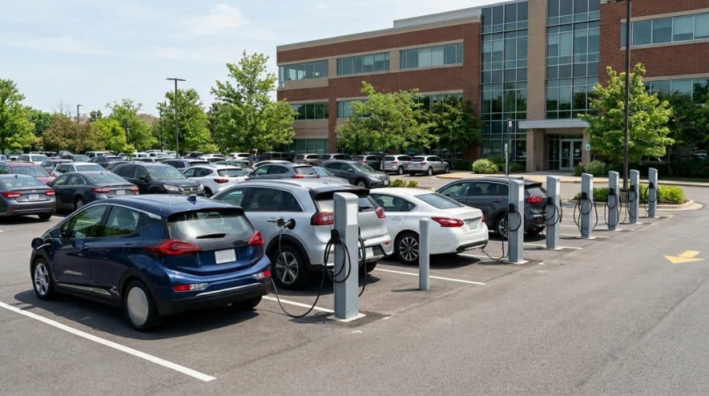 Motor Hills | Can You Own an EV Without Home Charging? A 2026 Reality Check Workplace parking lot with Level 2 chargers and cars parked for the day