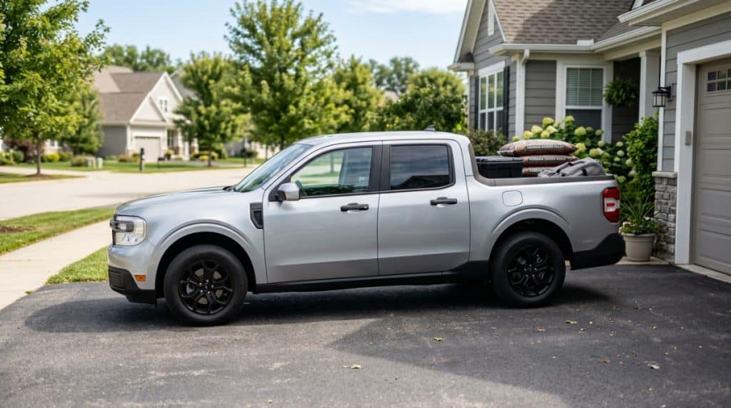 Motor Hills | Are Hybrid Trucks Worth It in 2026? Maverick vs Tacoma vs F-150 Hybrid pickup truck in a suburban driveway with light home improvement cargo in the bed