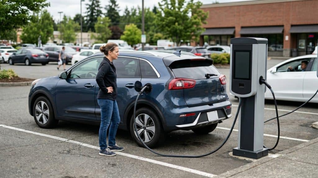 Motor Hills | What Does EV Battery Preconditioning Means? Driver checking an electric vehicle that is charging slowly at a fast charger