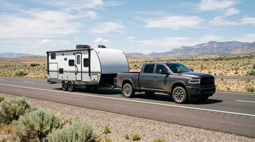 Motor Hills | Tongue Weight Explained: What It Is, Why It Matters, and How to Get It Right Late-model pickup towing a conventional travel trailer on a clear highway