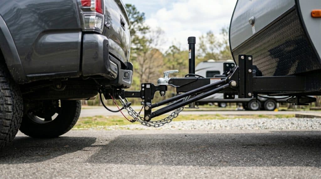 Motor Hills | Tongue Weight Explained: What It Is, Why It Matters, and How to Get It Right Modern weight-distribution hitch connecting a pickup and bumper-pull travel trailer