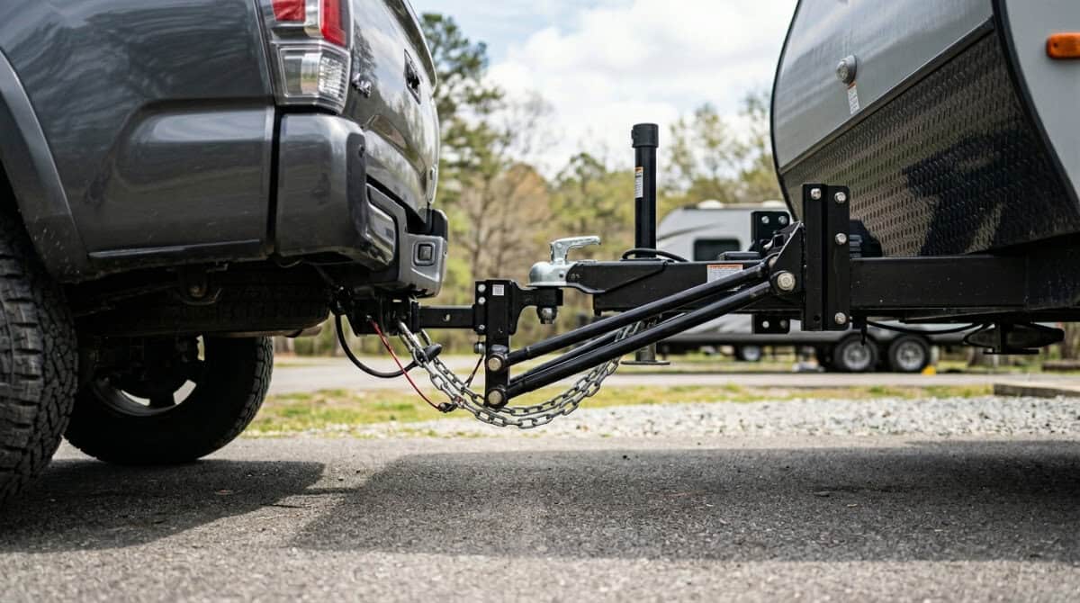 Motor Hills | Tongue Weight Explained: What It Is, Why It Matters, and How to Get It Right Pickup truck connected to a trailer via a hitch with safety chains and a stabilizing jack in a parking area