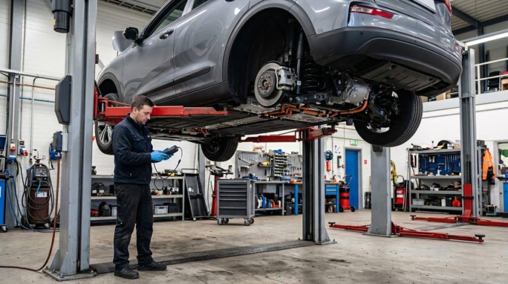 Motor Hills | What Does EV Battery Preconditioning Means? Technician inspecting the battery and thermal management system beneath an electric vehicle