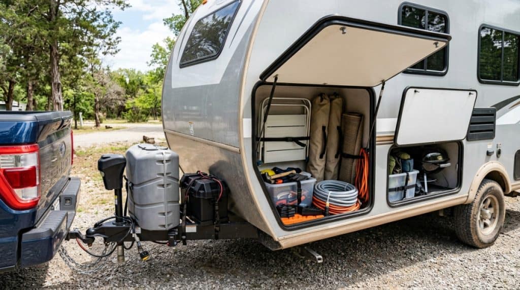 Motor Hills | Tongue Weight Explained: What It Is, Why It Matters, and How to Get It Right Travel trailer packed with propane, batteries, tools, and camping gear for a real trip