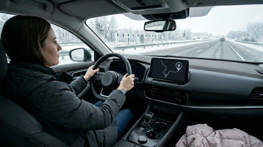 Motor Hills | What Does EV Battery Preconditioning Means? Driver using built-in EV navigation to route to a fast-charging station