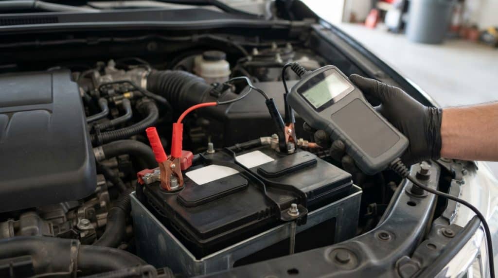 Motor Hills | Does Summer Heat Kill Your Car Battery Faster Than Winter Cold? Handheld 12-volt battery tester connected to a car battery