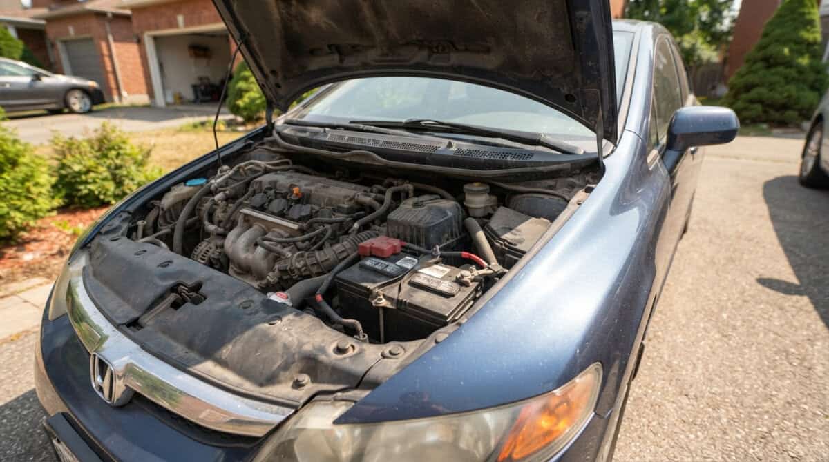 Blue sedan with its hood raised, exposing the engine in a suburban driveway.