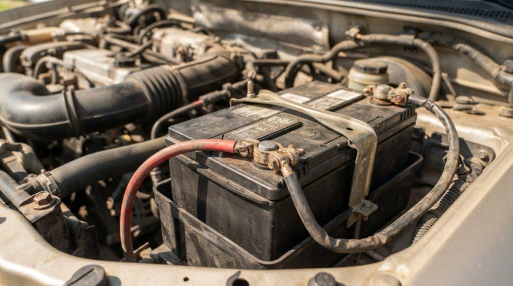 Motor Hills | Does Summer Heat Kill Your Car Battery Faster Than Winter Cold? Close-up of a 12-volt car battery exposed to summer heat in an engine bay