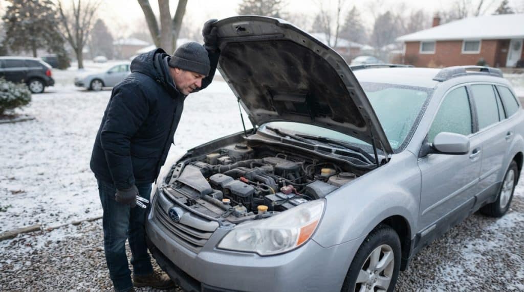 Motor Hills | Does Summer Heat Kill Your Car Battery Faster Than Winter Cold? Driver checking a car battery during a cold winter starting problem
