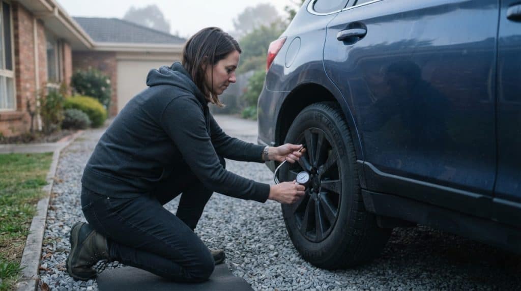Motor Hills | Should You Let Air Out of Your Tires in Hot Weather? Driver checking cold tire pressure before driving in the morning