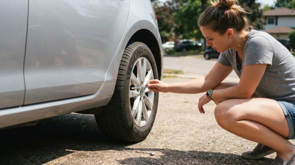Motor Hills | Should You Let Air Out of Your Tires in Hot Weather? Driver checking tire pressure on a parked car during hot summer weather