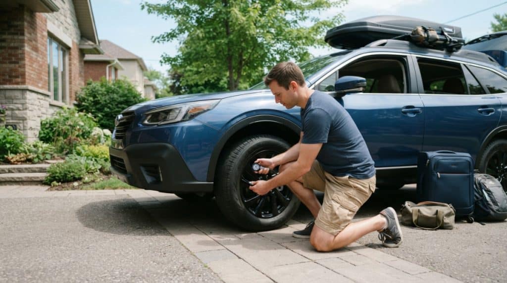 Motor Hills | Should You Let Air Out of Your Tires in Hot Weather? Driver inspecting car tires before a summer road trip