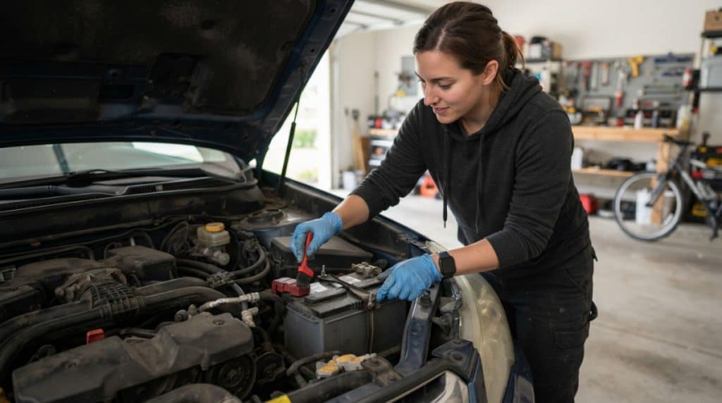 Motor Hills | Does Summer Heat Kill Your Car Battery Faster Than Winter Cold? Person cleaning and checking car battery terminals during basic maintenance