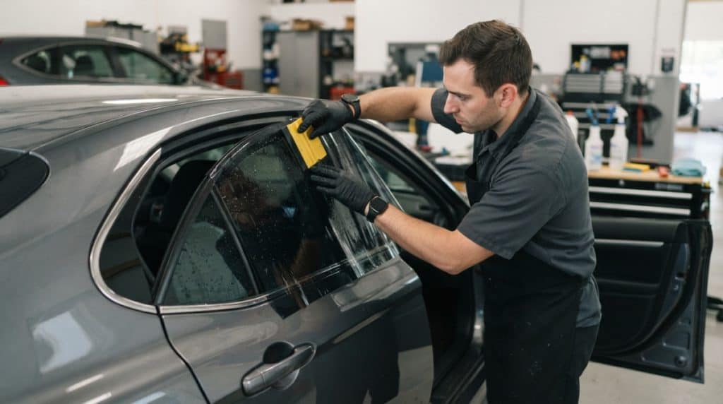 Motor Hills | Windshield Sunshade vs. Window Tint: Which Keeps Your Car Cooler? Installer applying window tint film to a car side window