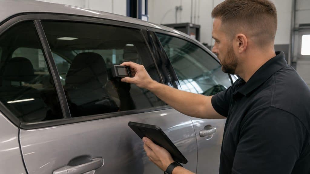 Motor Hills | Windshield Sunshade vs. Window Tint: Which Keeps Your Car Cooler? Professional checking car window tint darkness with a tint meter
