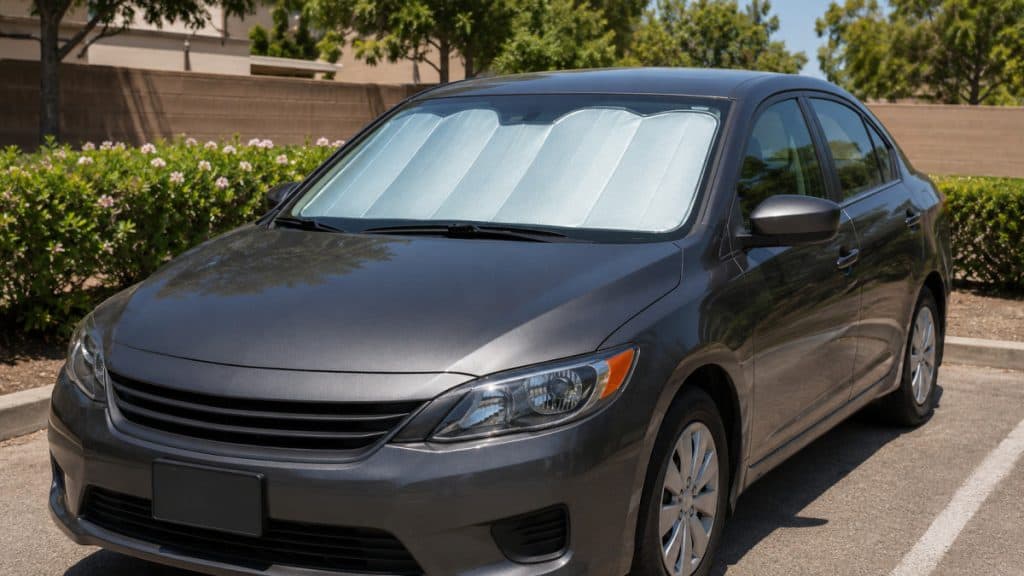 Motor Hills | AC vs. Windows Down: What Cools a Hot Car Faster? Parked car with windshield sunshade blocking summer sunlight