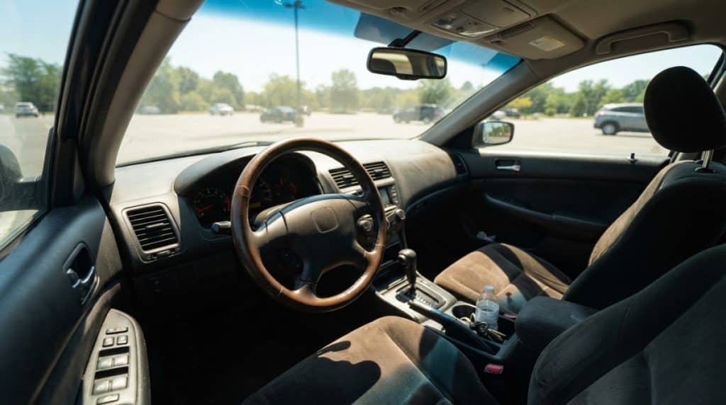 Motor Hills | Windshield Sunshade vs. Window Tint: Which Keeps Your Car Cooler? Sunlight heating a parked car dashboard and steering wheel through the windshield