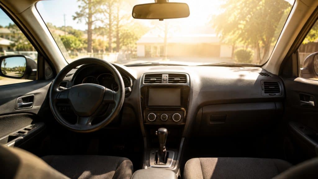 Motor Hills | AC vs. Windows Down: What Cools a Hot Car Faster? Sunlight heating a parked car interior dashboard and steering wheel