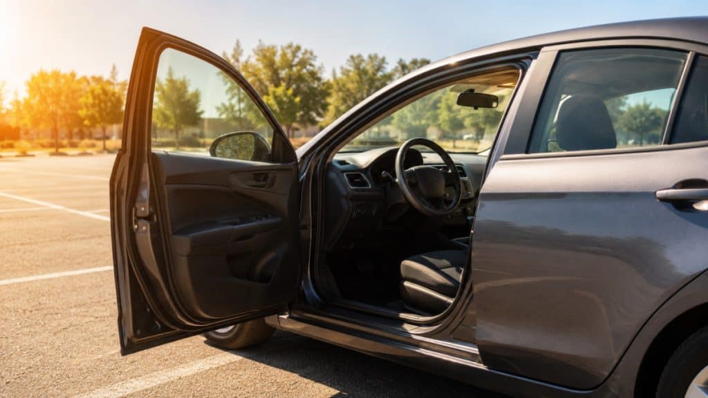 Motor Hills | AC vs. Windows Down: What Cools a Hot Car Faster? Hot parked car with open door after sitting in summer sunlight