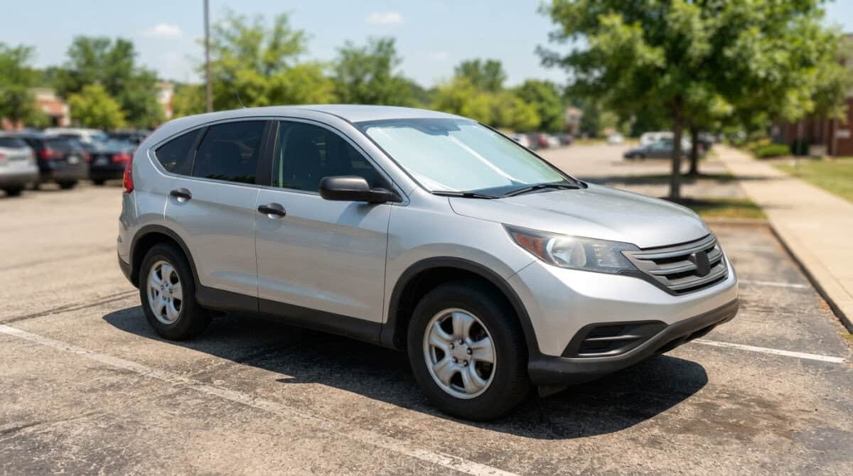 Silver compact SUV parked in a sunny parking lot with trees in the background, angled to show the front and side of the vehicle.