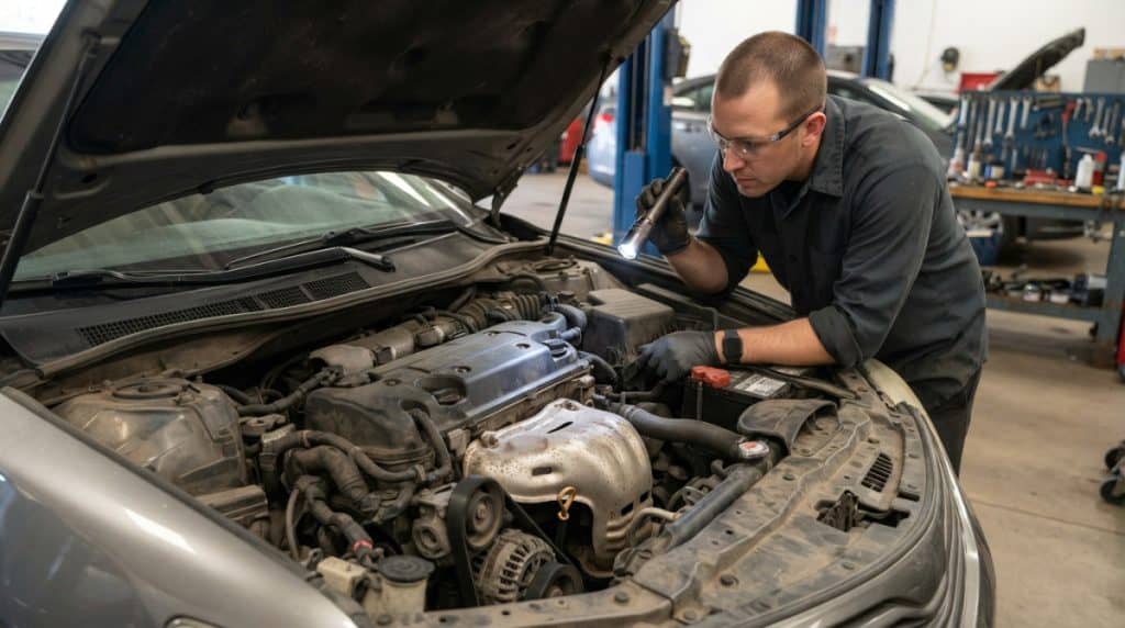 Technician checking external engine parts for ticking and rattling noises