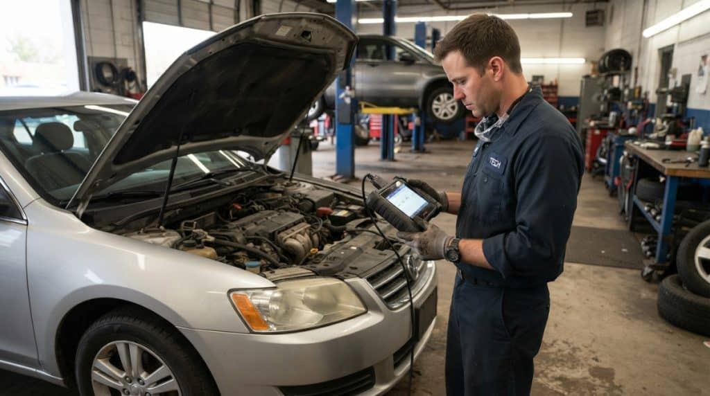 Technician scanning engine data while diagnosing a knocking noise