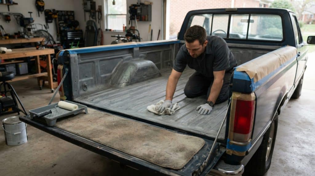Pickup truck bed cleaned, scuffed, and masked before DIY bedliner application