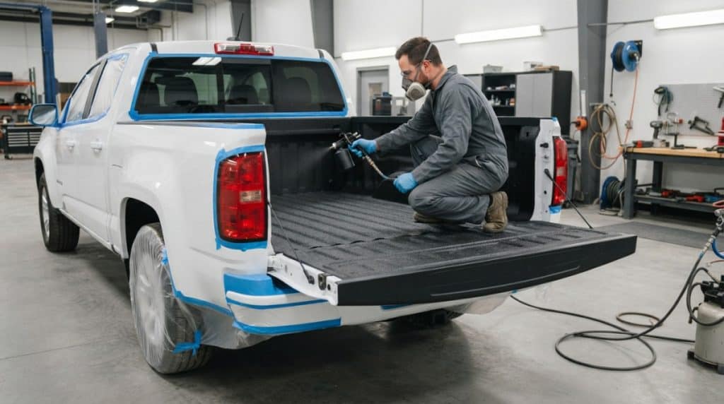 Professional technician applying spray-in bedliner to a pickup truck bed