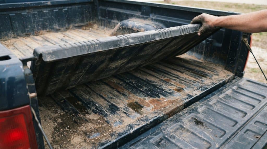 Rust, dirt, and worn paint underneath a lifted drop-in truck bedliner