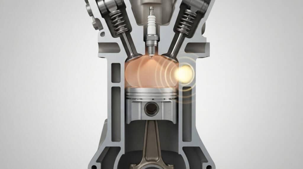 Cutaway illustration of spark knock occurring inside a combustion chamber