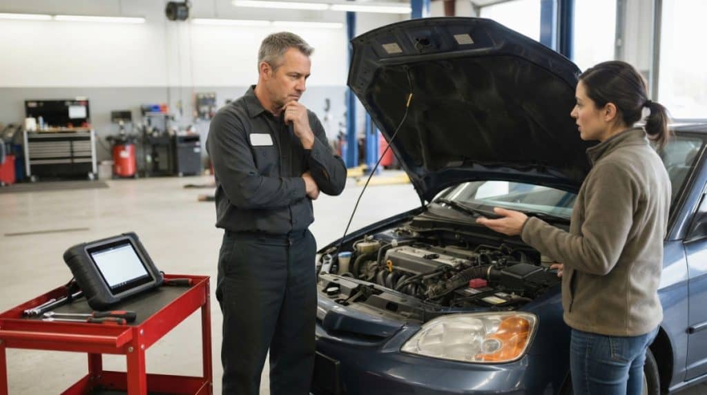 Technician diagnosing a knocking noise from a car engine